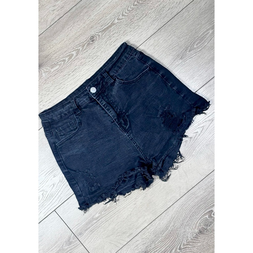 Distressed Raw Hem High Rise Black Wash Cut-Off Shorts
